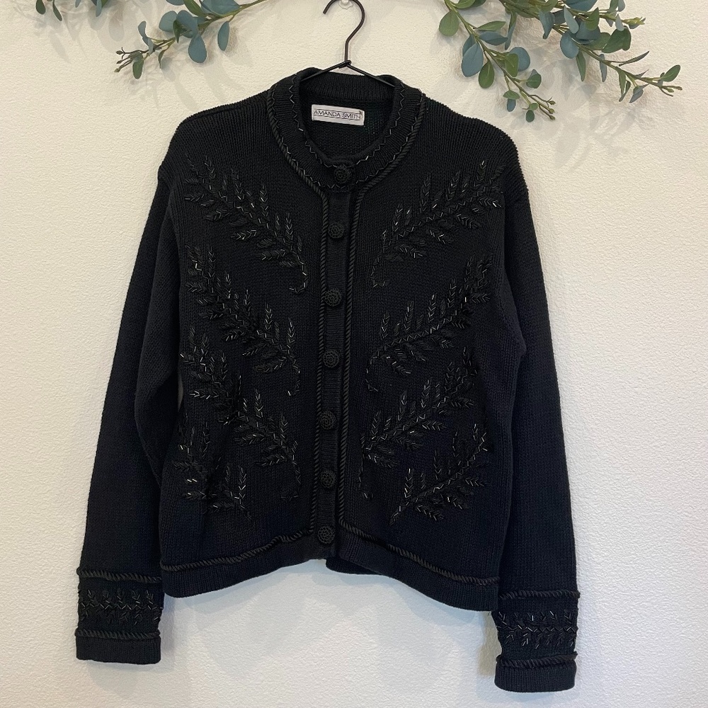 EUC Amanda Smith Black Beaded Knit Cardigan